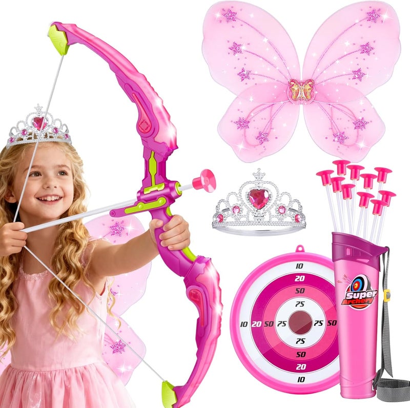 OWNONE Pink Bow and Arrow Set for Girls, LED Light Up Archery Set with 10 Suction Cup Arrows, Target, Fairy Wings & Princess Crown, Birthday Gift Outdoor Toys for Kids Girls Ages 3-12 - Image 1